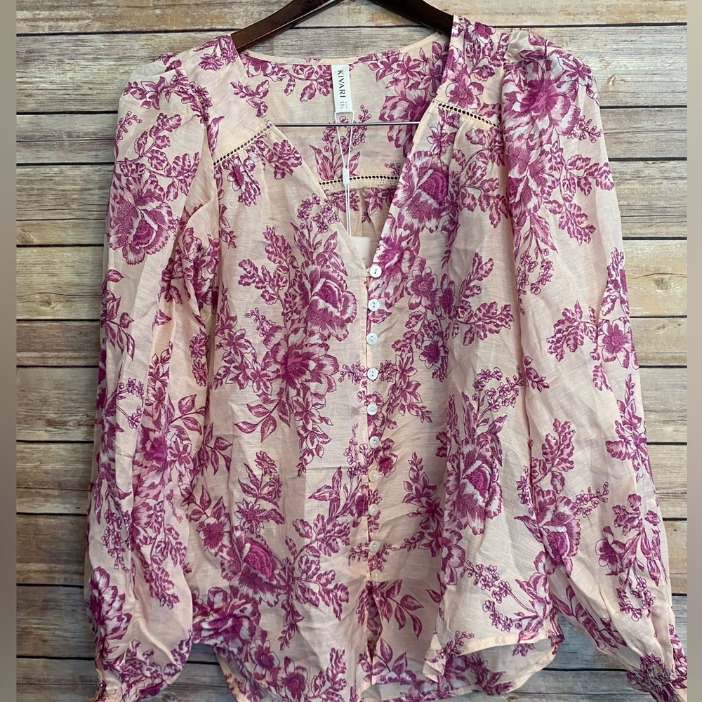 Kivari floral blouse linen viscose blend pink size 2